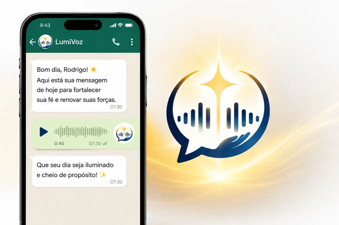 Celular exibindo uma mensagem em áudio da LumiVoz no WhatsApp